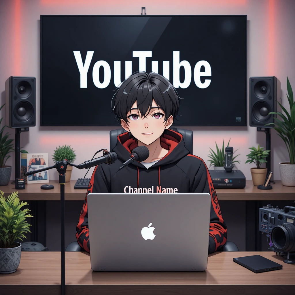Garoto de anime fazendo streaming na mesa do computador com microfone