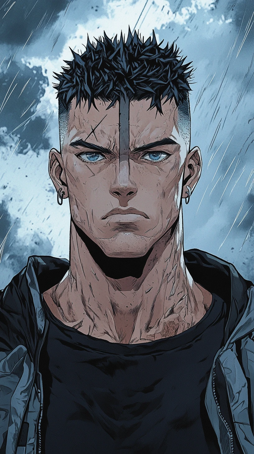 Homem alto e musculoso em estilo manhwa sob céus tempestuosos