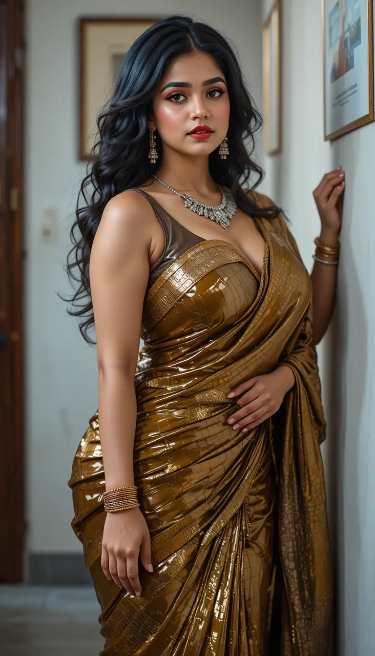 Tamil woman in glossy saree bending in a full body pose