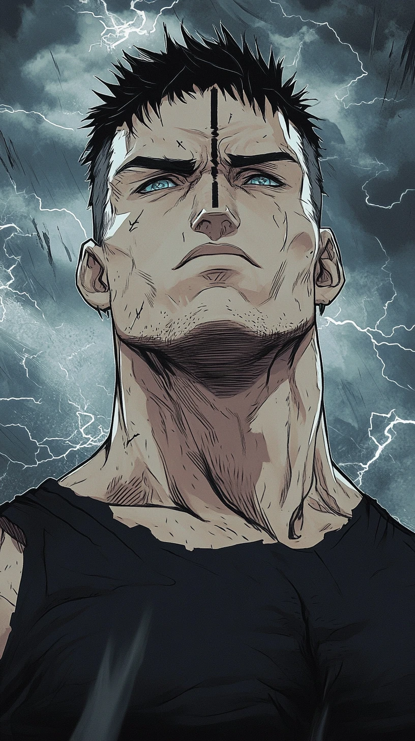 Homem alto e musculoso em cena de tempestade dramática de manhwa