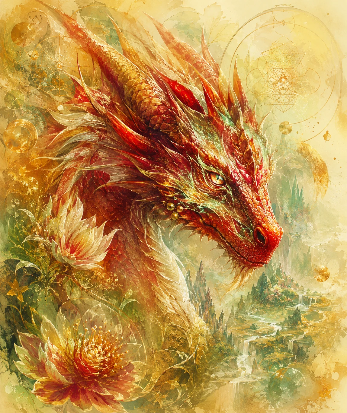 Moodboard visage de dragon rouge avec accents de fantaisie lumineux