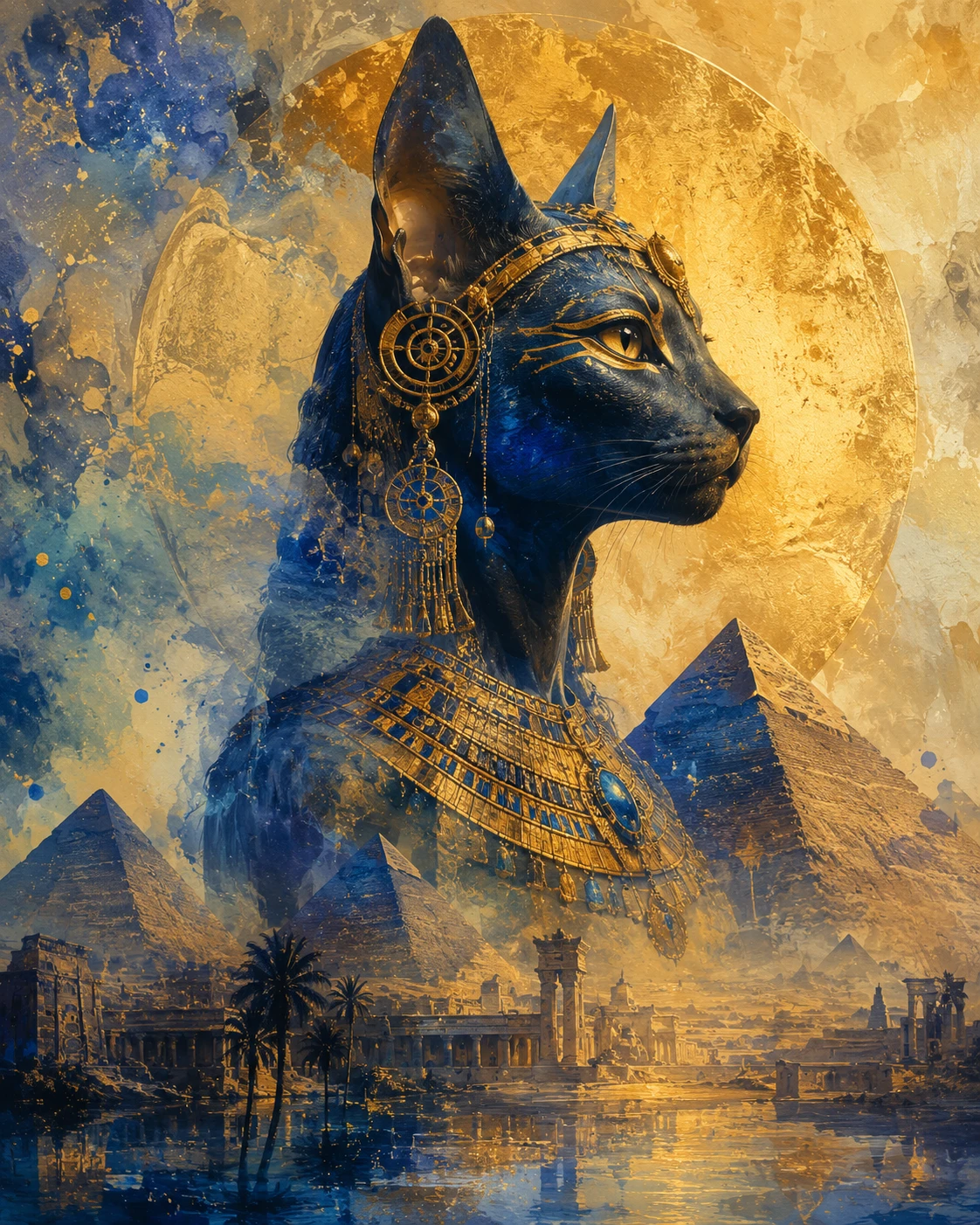 Mística diosa egipcia Bastet en retrato dorado de fantasía
