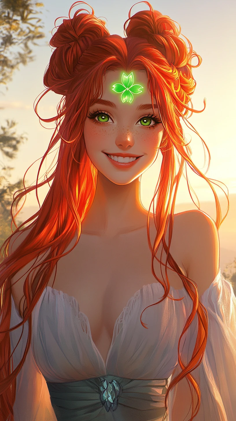 Garota ruiva alegre ao nascer do sol em estilo anime