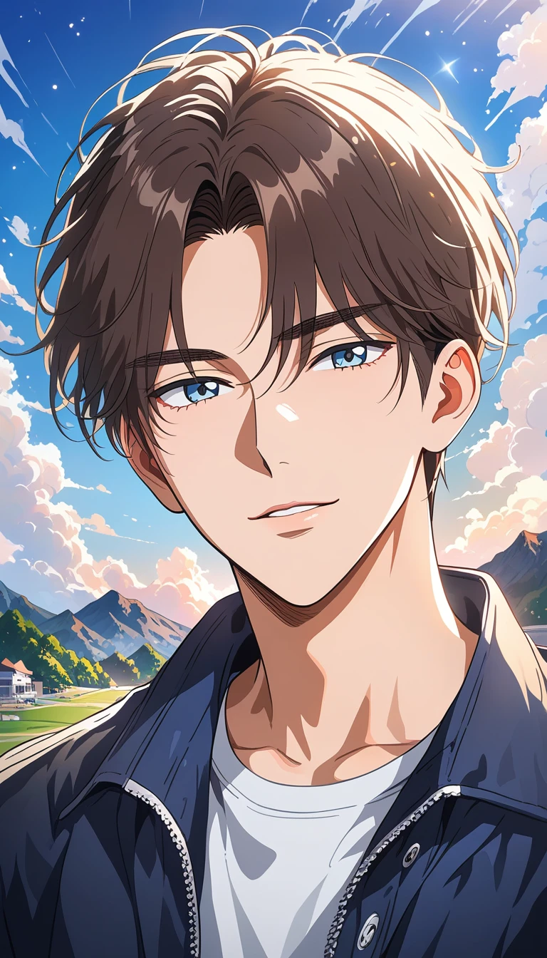站在星光群山中的藍髮動漫男子