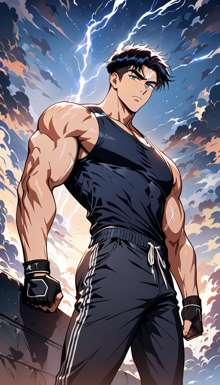 Homem musculoso em pé sob um céu tempestuoso em estilo manhwa