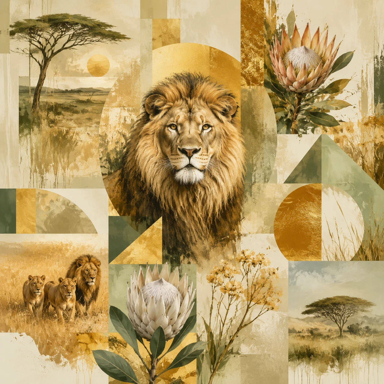 Moodboard de lion avec savane africaine et éléments floraux