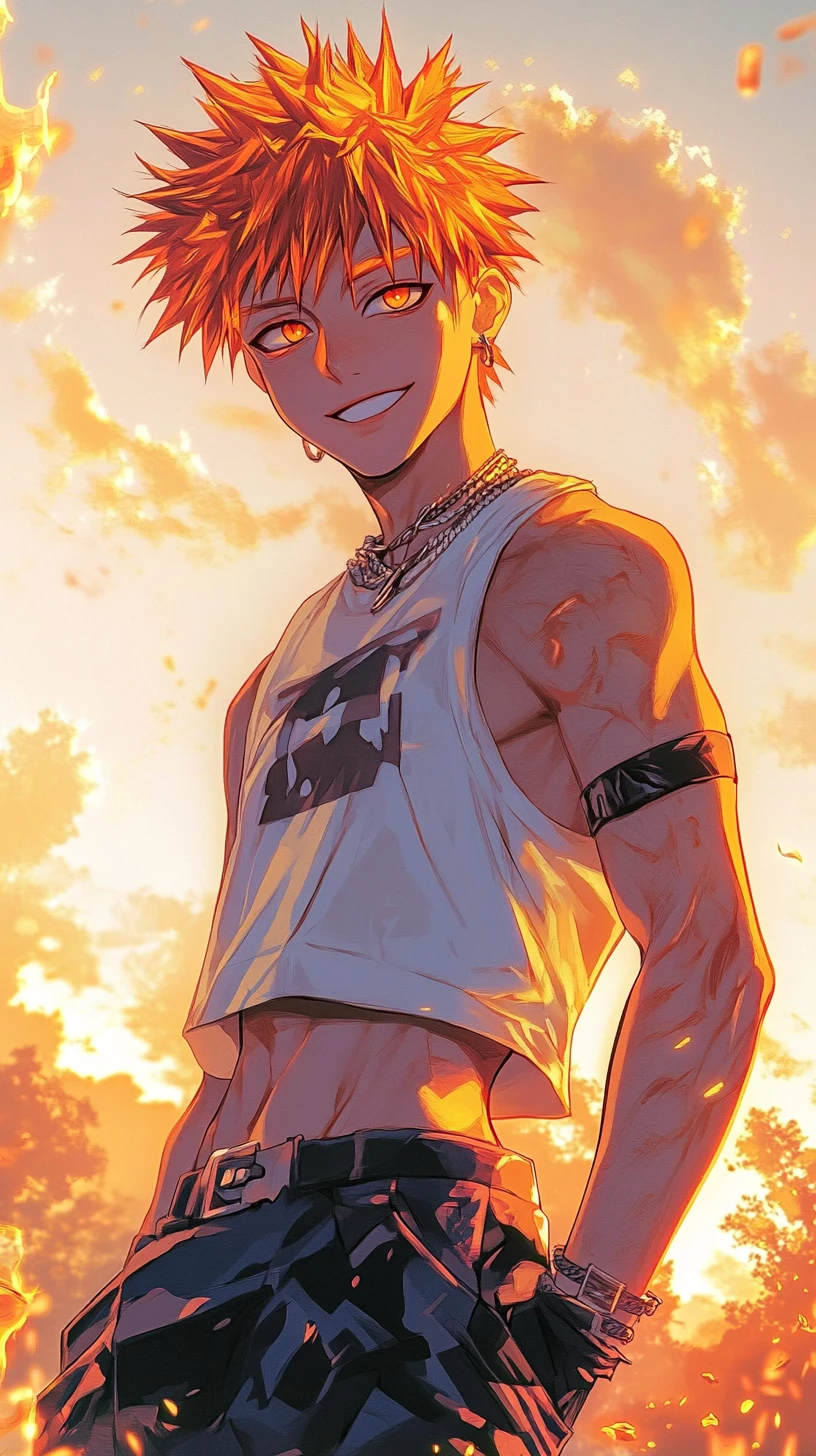 Giovane uomo sicuro di sé in stile manhwa al tramonto all’aperto
