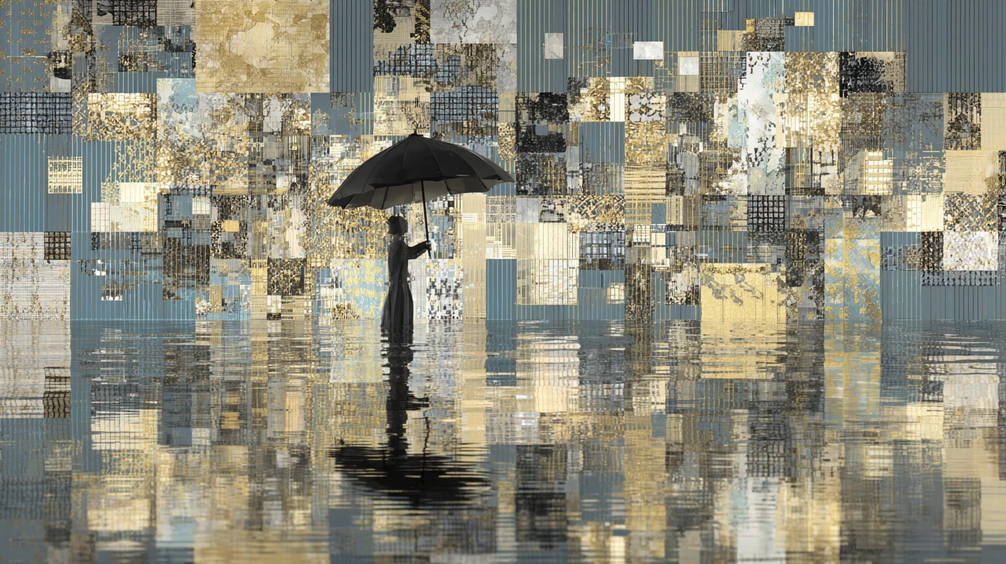 Ombrello patchwork che si dissolve in frammenti di glitch digitale