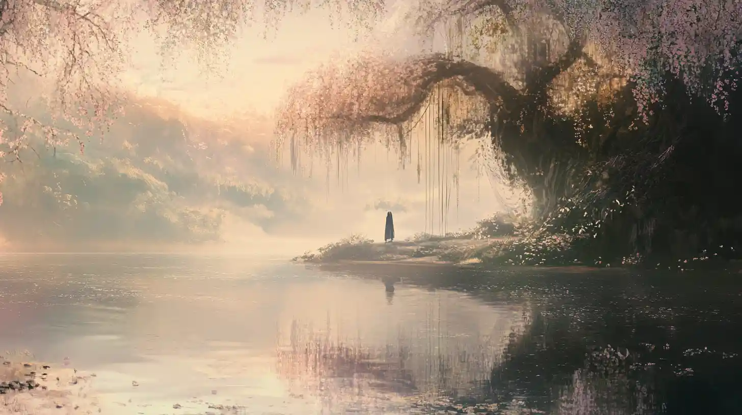 Contemplative figure by surreal floating canopy over lake