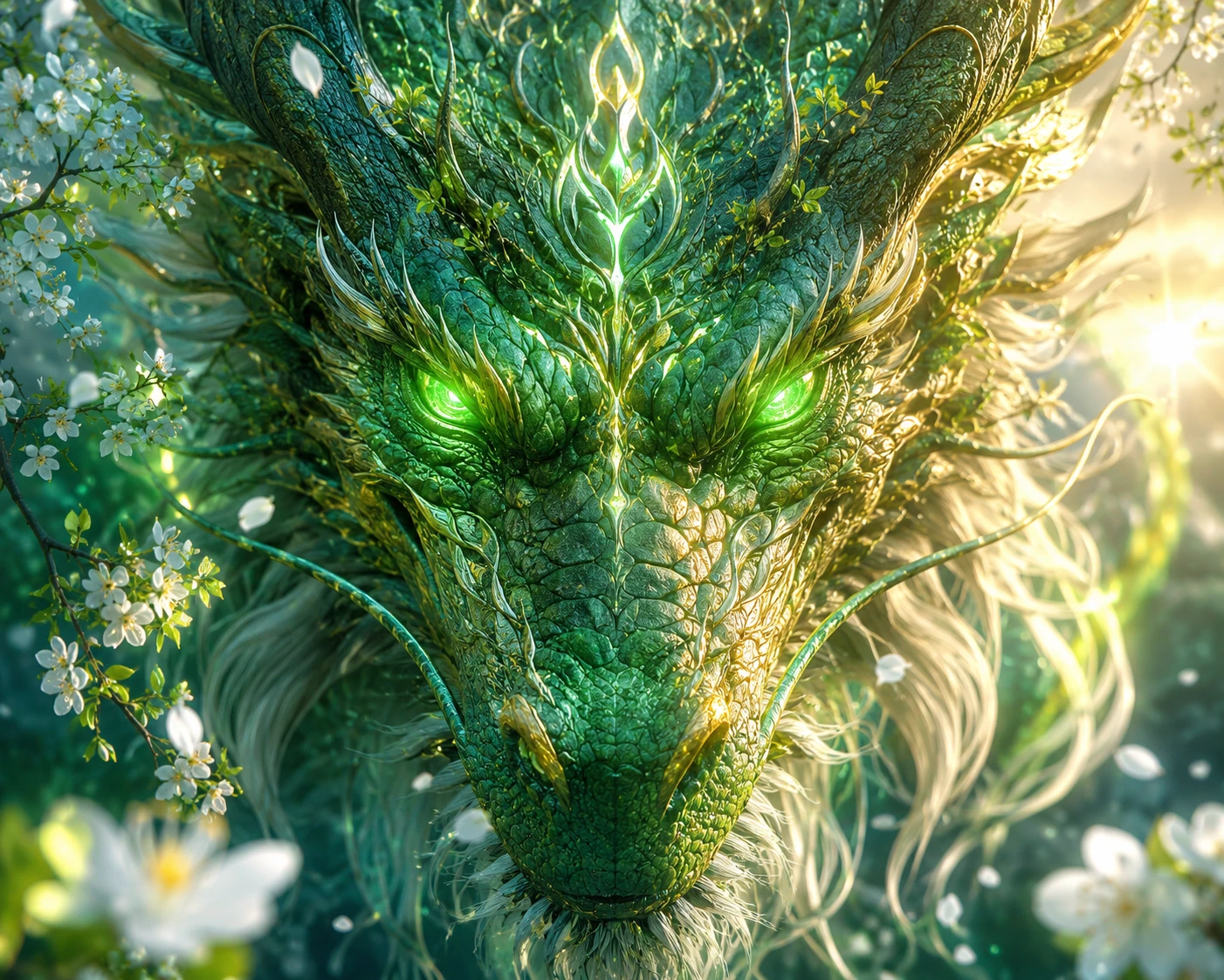 Retrato em close de um guardião dragão verde ao amanhecer