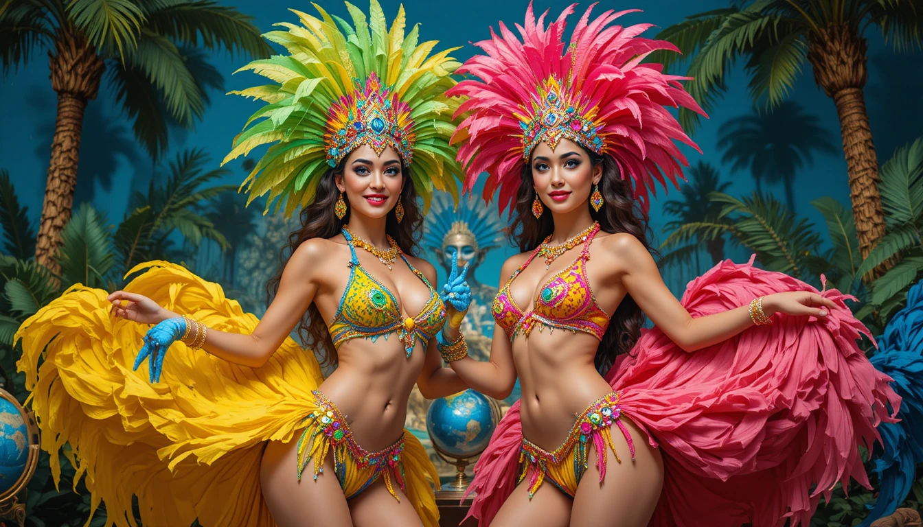 Due donne che danzano in colorati costumi di carnevale tropicale