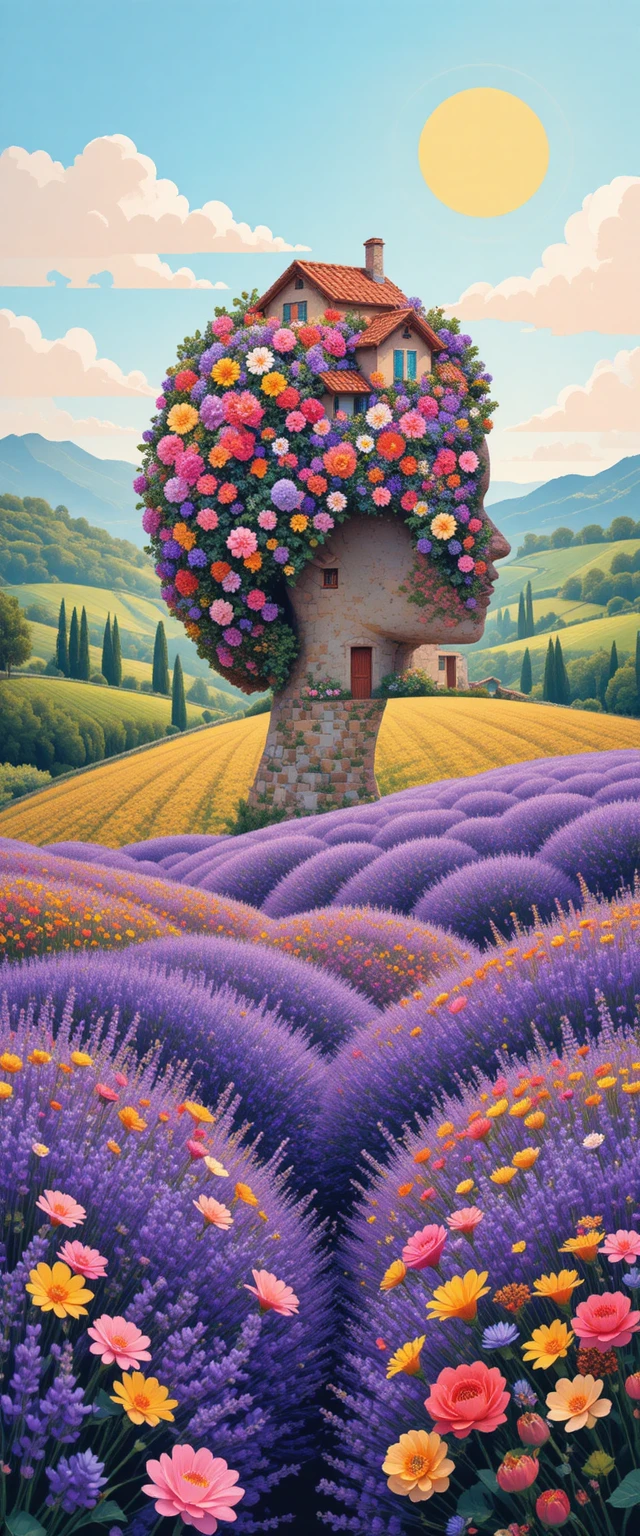 Vague de fleurs colorées jaillissant de la tête d’une femme