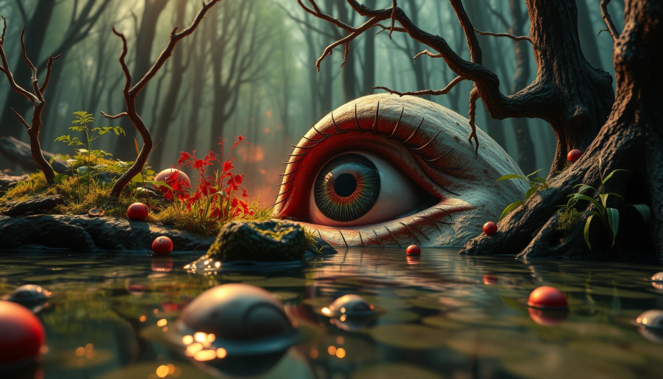 Monstro surreal espreitando com risada sombria em um pântano