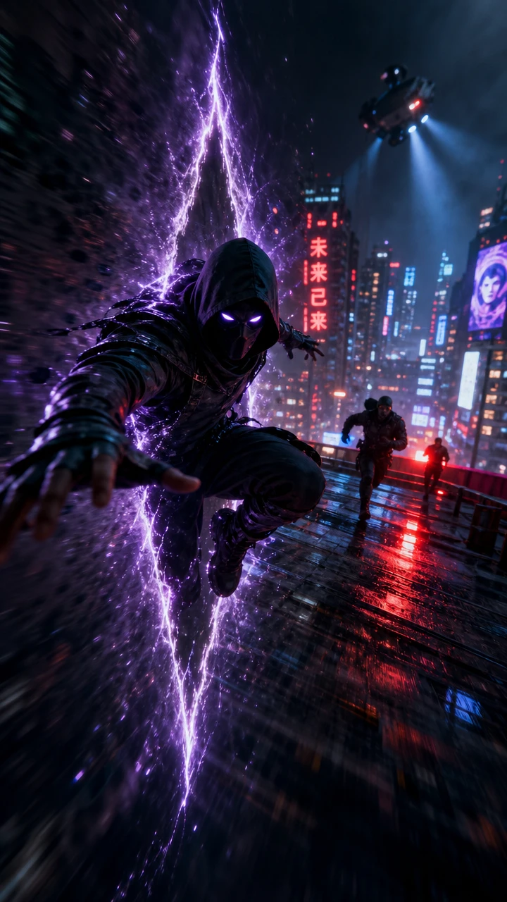 Stealth figure stepping from a glowing rift onto rooftop