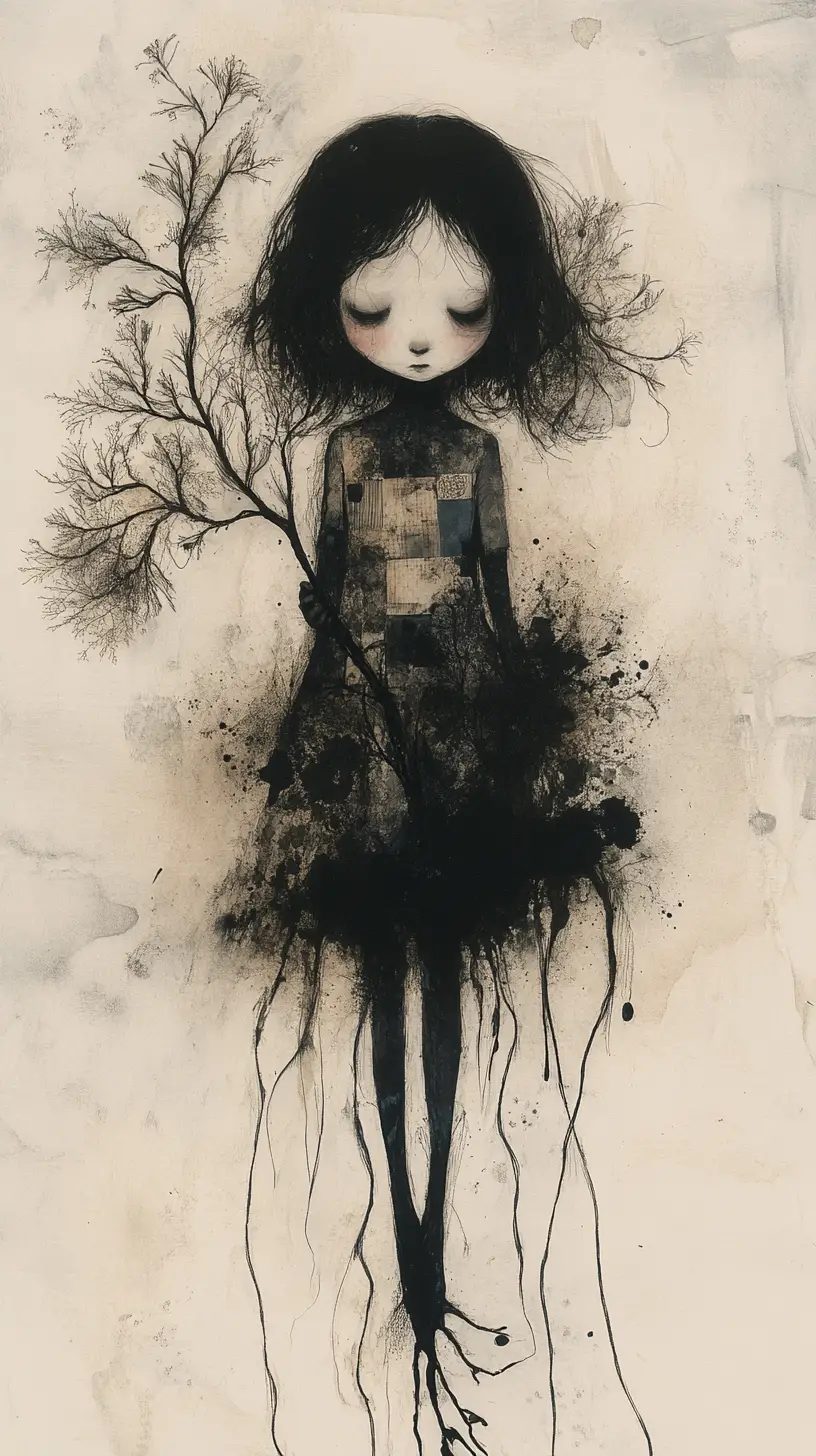 Melancholisches Mädchen mit leuchtendem Pilzzweig im weichen Tusche-Stil