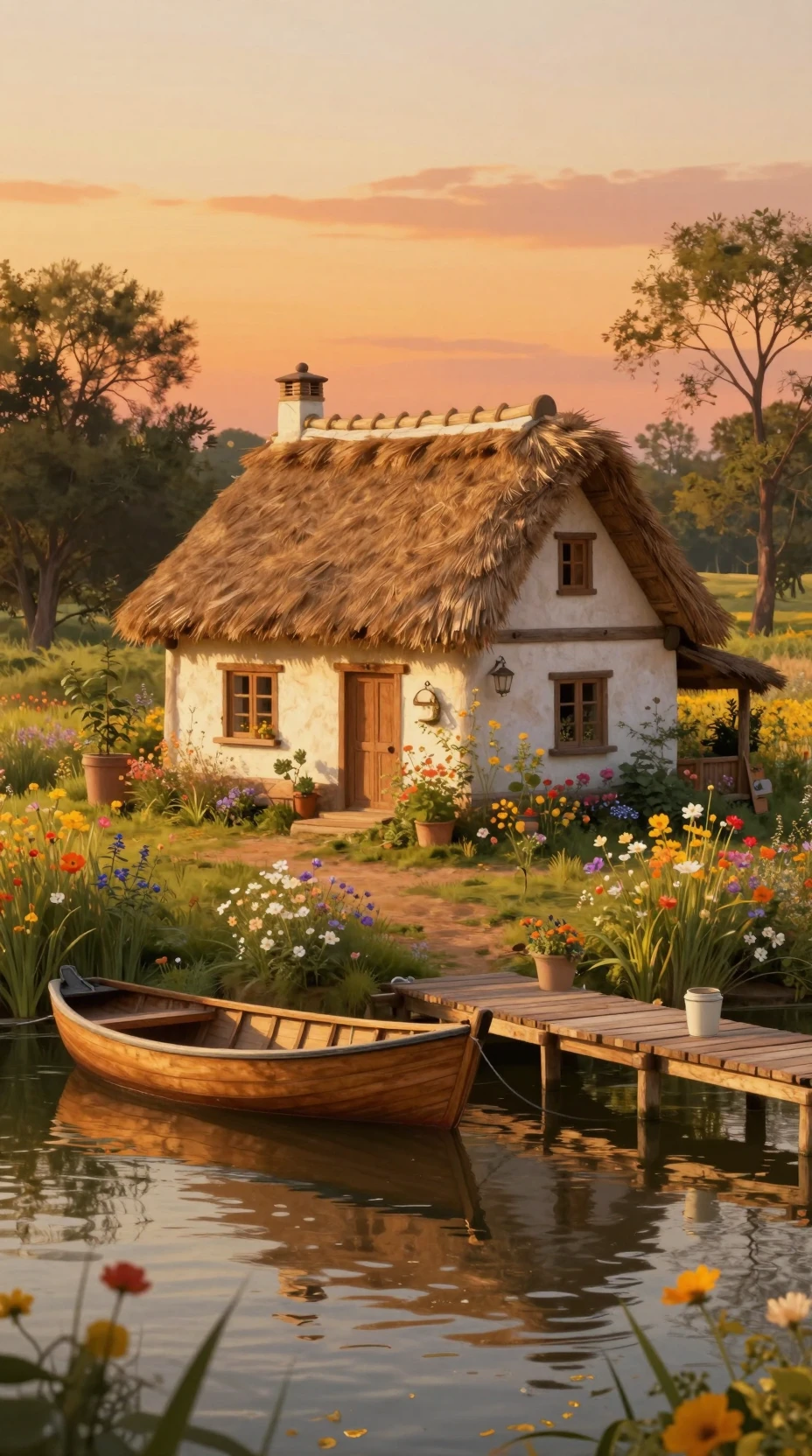 Aconchegante casa à beira do rio ao pôr do sol em pintura de fantasia
