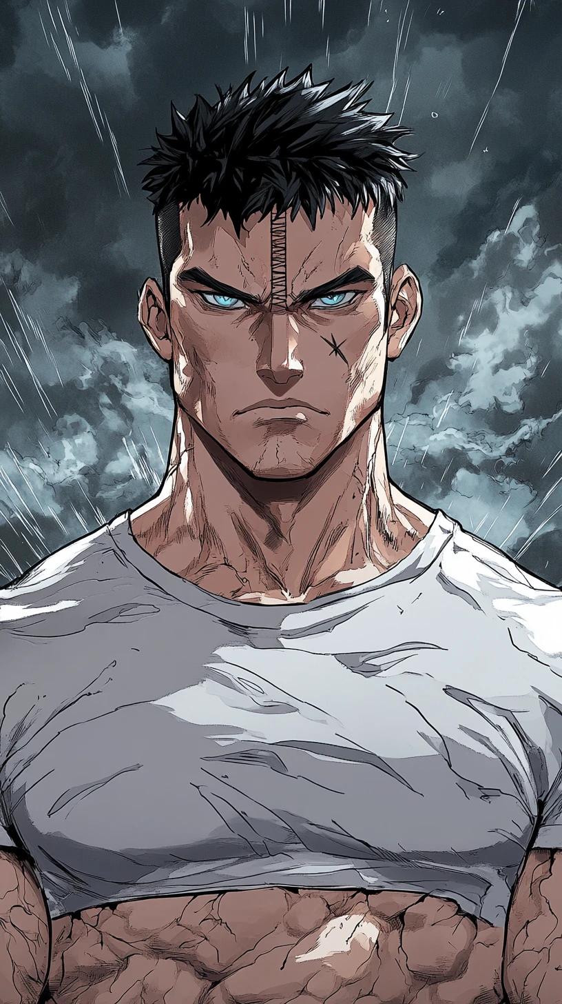 Homme grand et musclé dans une scène de tempête dramatique façon manhwa