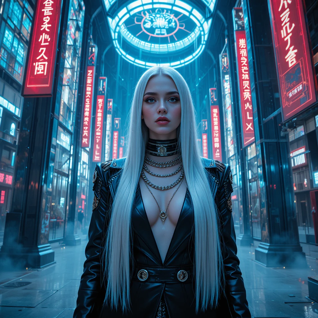 Donna cyberpunk in una futuristica cattedrale di dati olografica