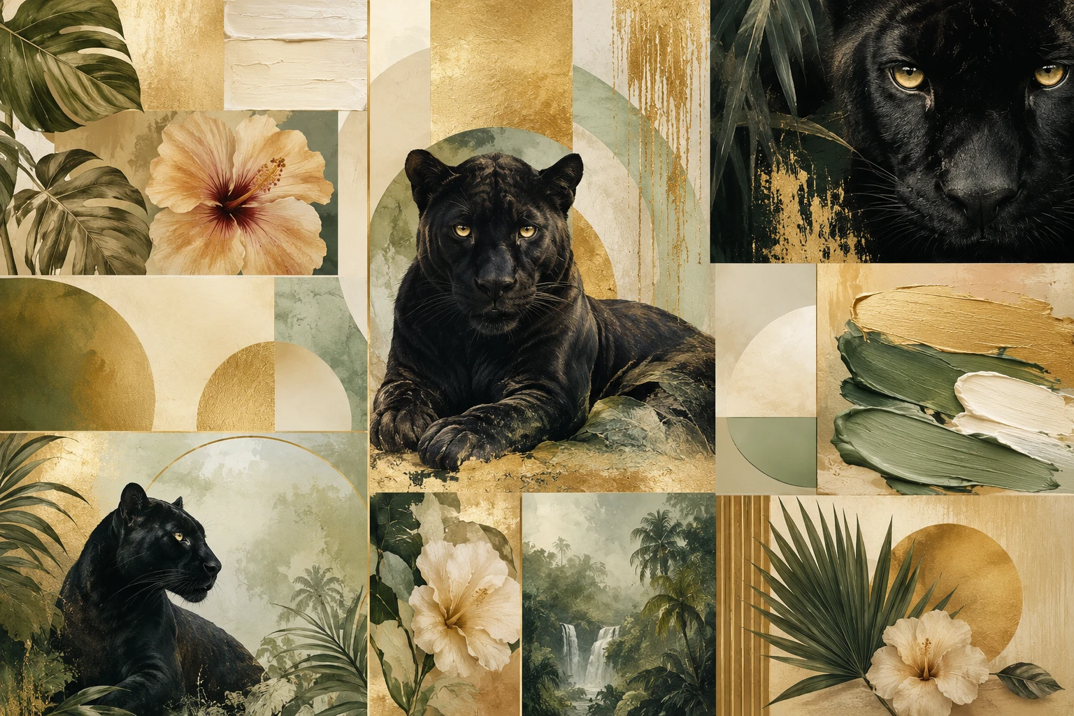 Mood board con pantera nera, fiori della giungla e dettagli in oro