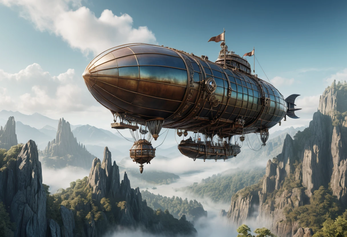 Dirigível steampunk entre penhascos de montanha enevoados e irregulares