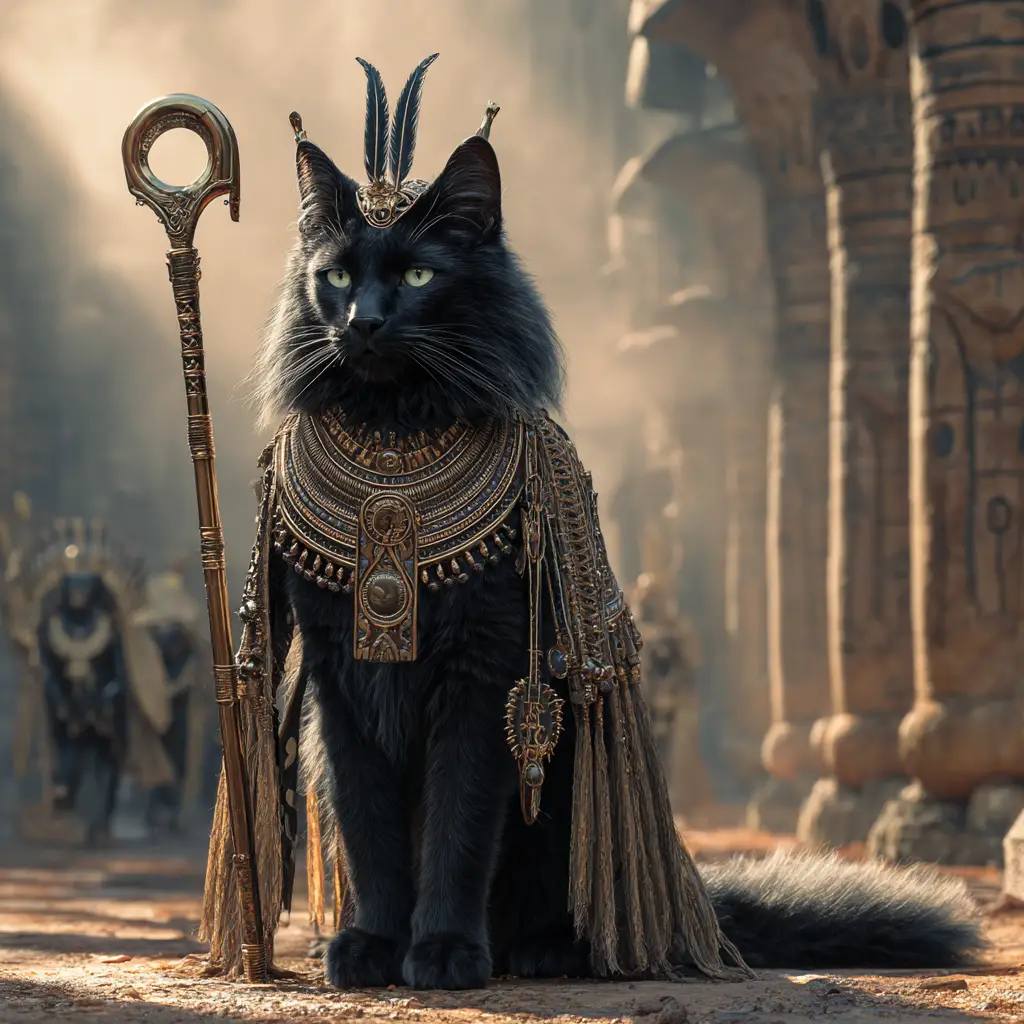 Maestoso dio gatto nero che cammina nell’oltretomba egizio
