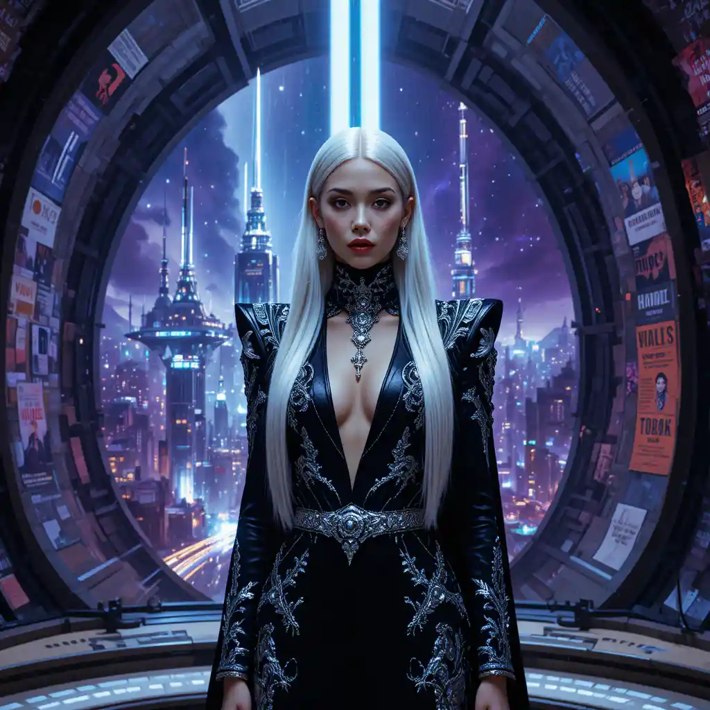 Galactic empress in a futuristic palace fashion portrait