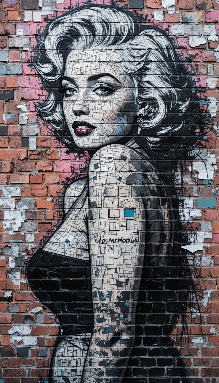 Mosaico de graffiti de Marilyn Monroe em parede de tijolos em pose pin-up