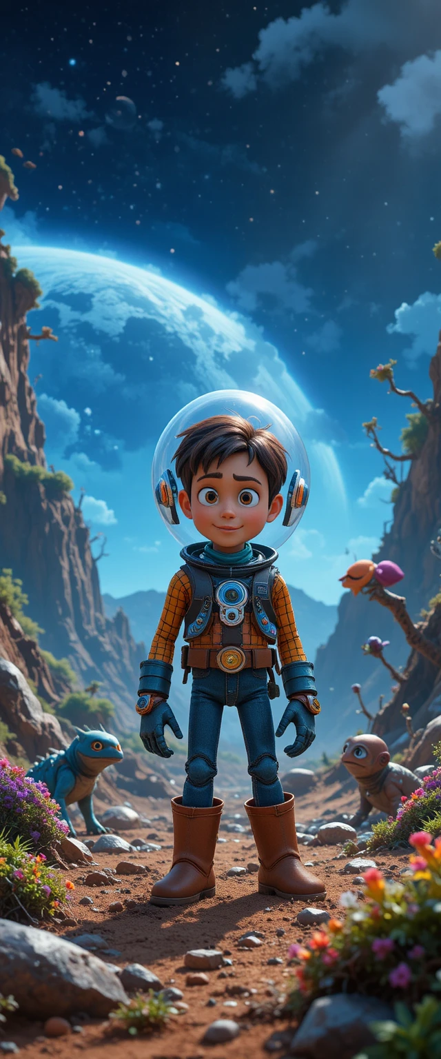 Menino explorando um planeta alienígena selvagem com robô