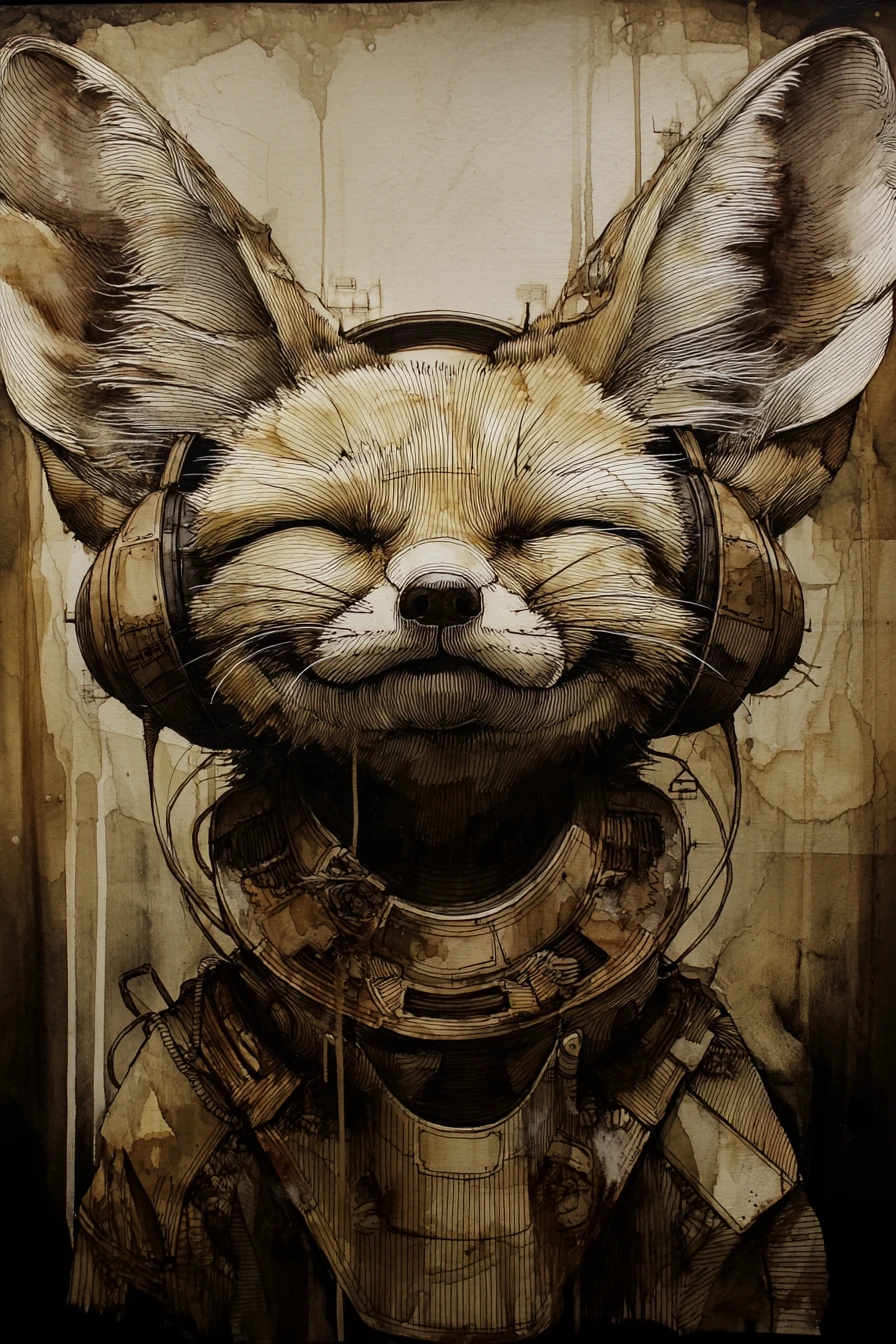 Raposa‑feneco feliz em close com coleira de couro steampunk