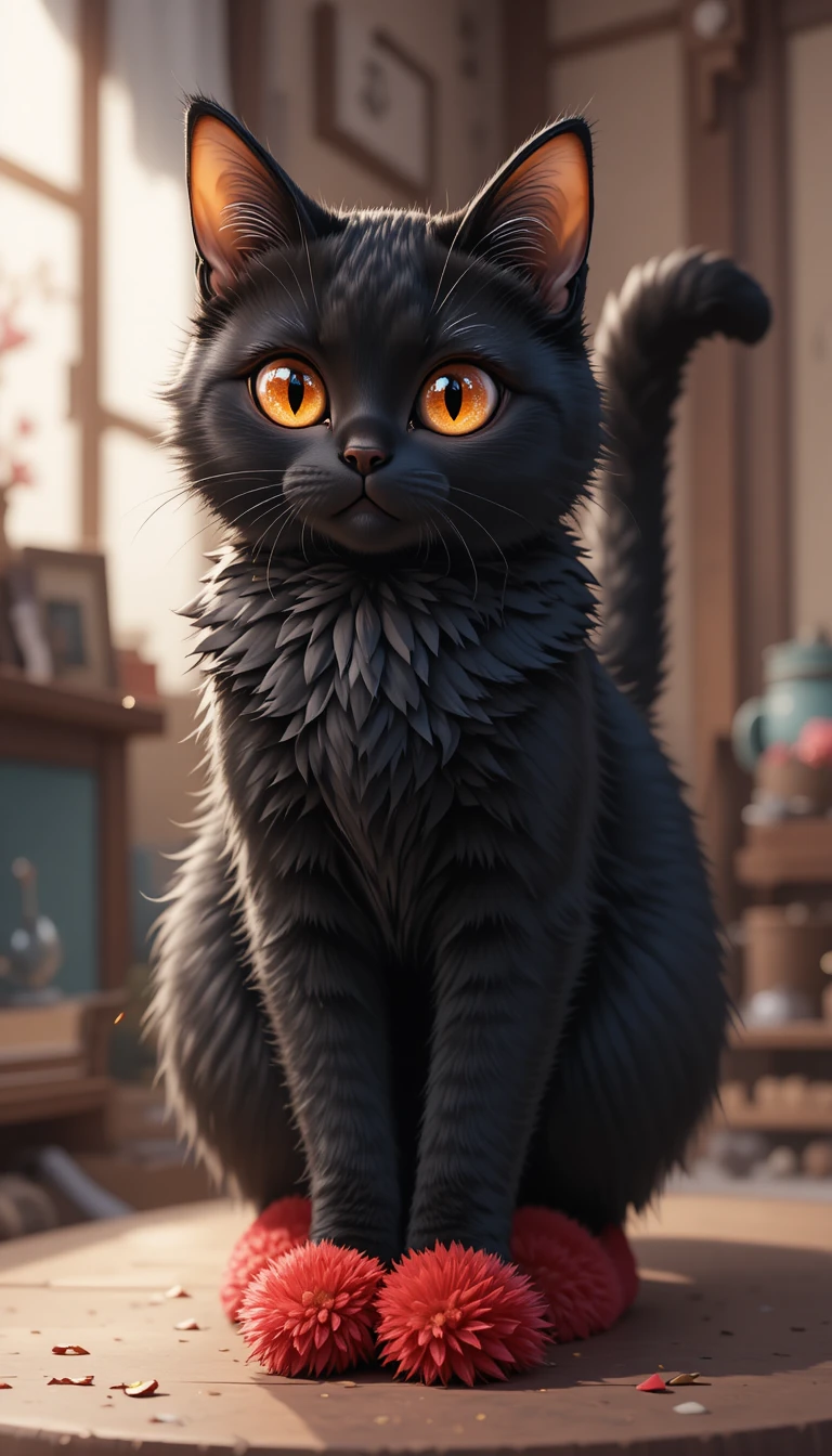 Gato preto de anime em pé com olhos laranja brilhantes