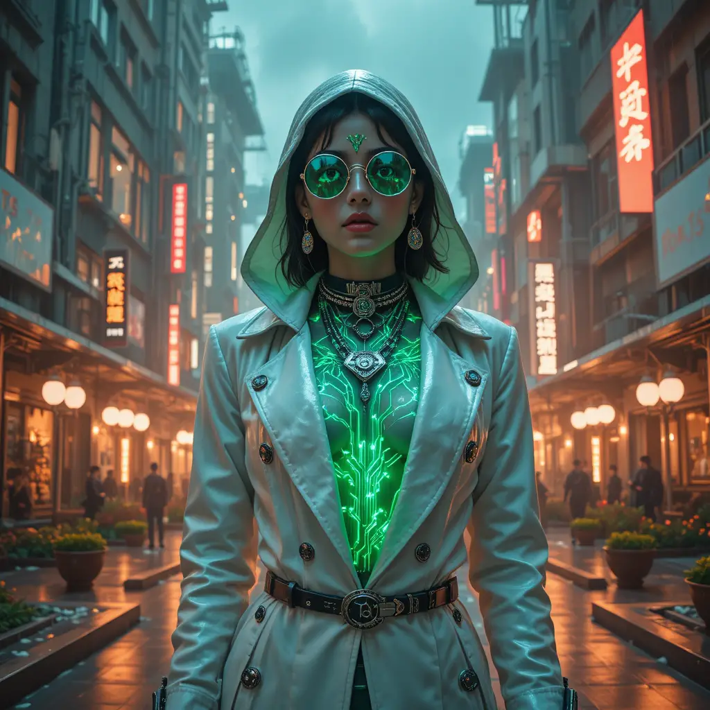 Femme fatale cyberpunk sur une place futuriste noyée de néons
