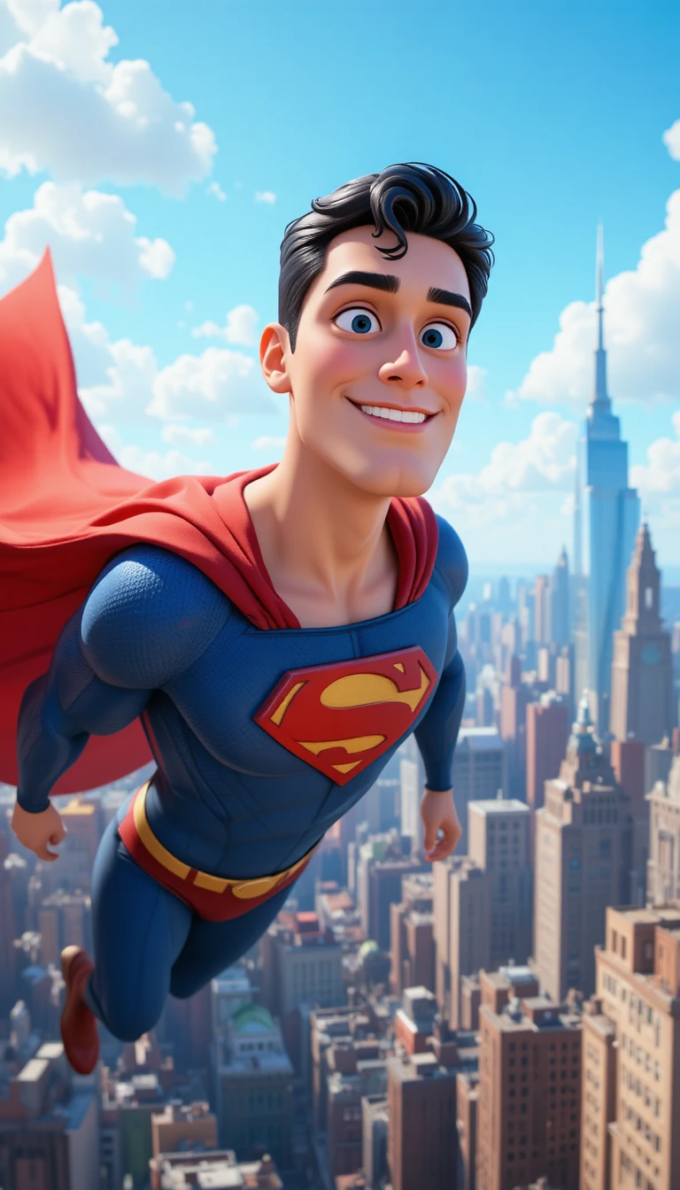 Super-herói voando sobre o horizonte da cidade em pleno dia