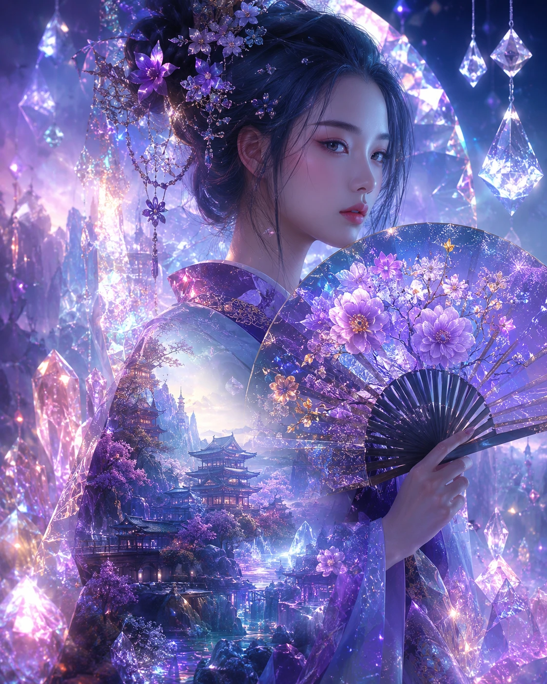 Mulher japonesa mística com leque floral e cristais brilhantes