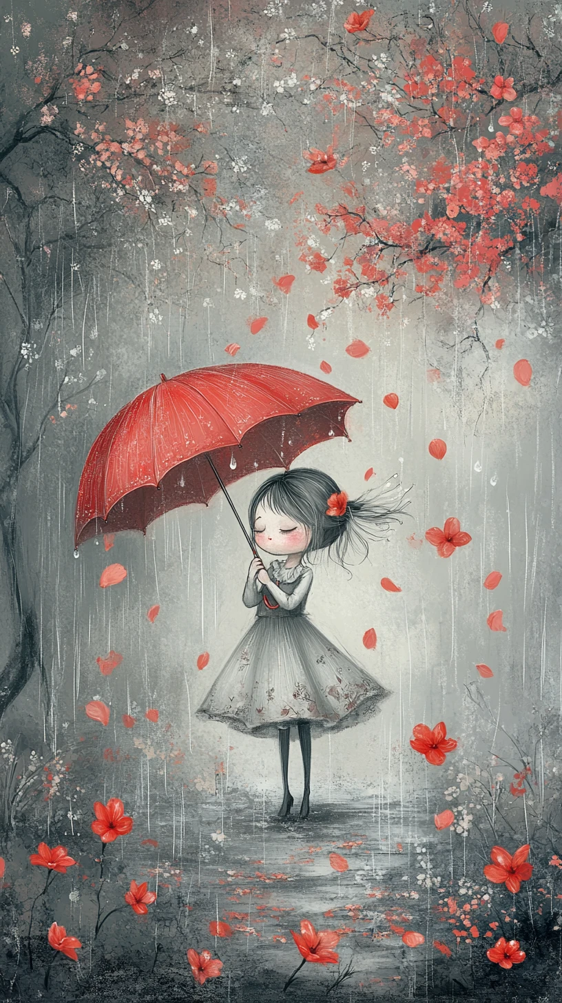 Illustrazione di ragazza con ombrello fiorito sotto una pioggia da sogno