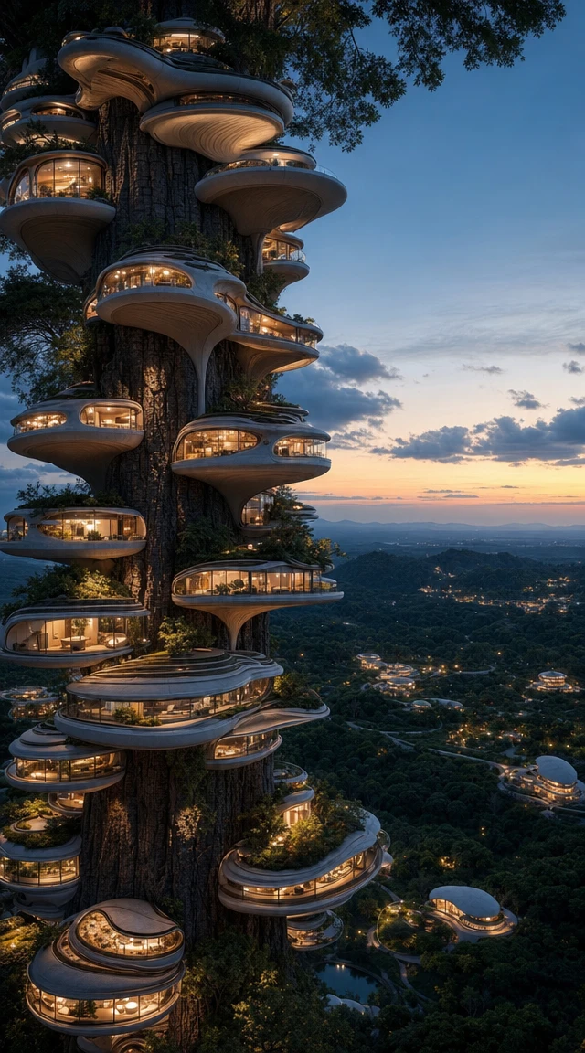 Case sugli alberi futuristiche su una sequoia gigante al crepuscolo