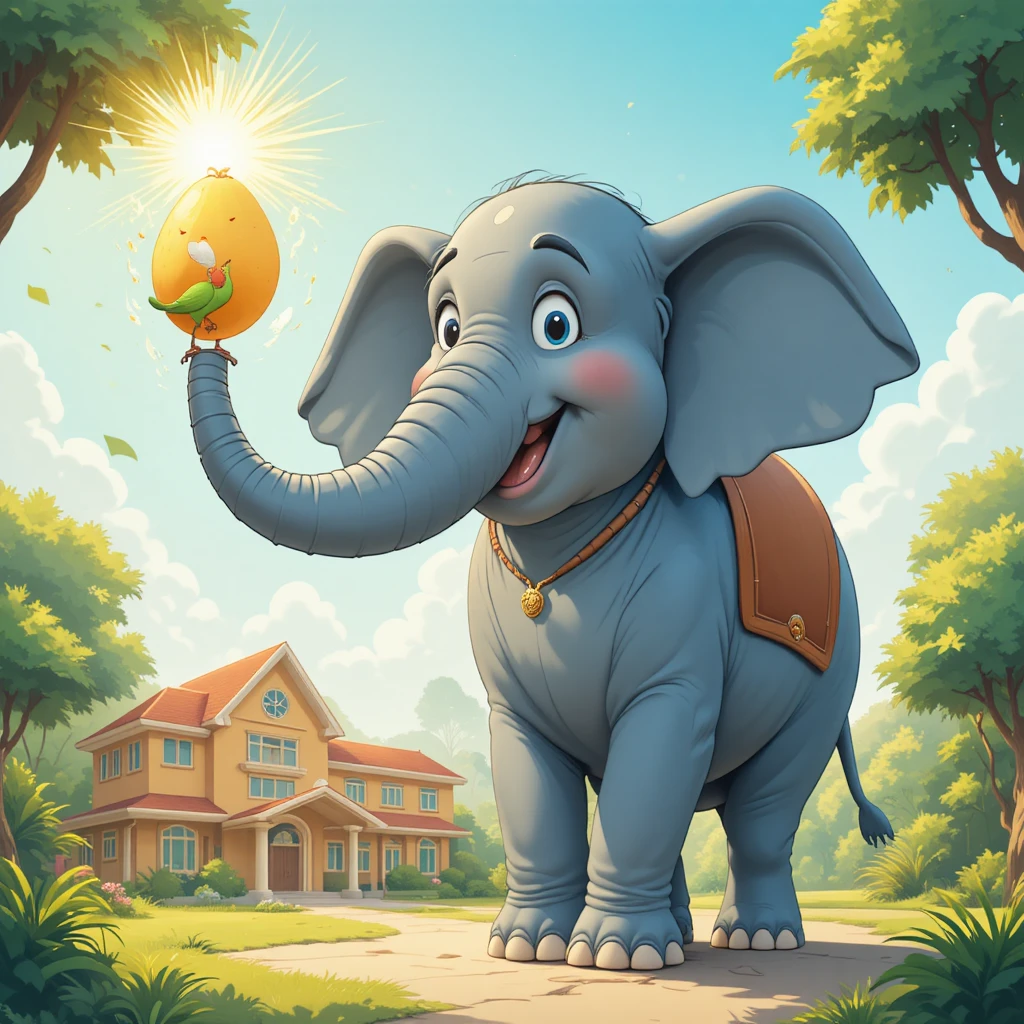 Elefante gigante carregando um menino sorridente em direção a uma escola colorida