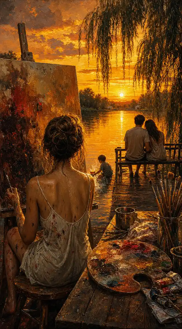 Giovane donna che dipinge al tramonto luminoso sul fiume