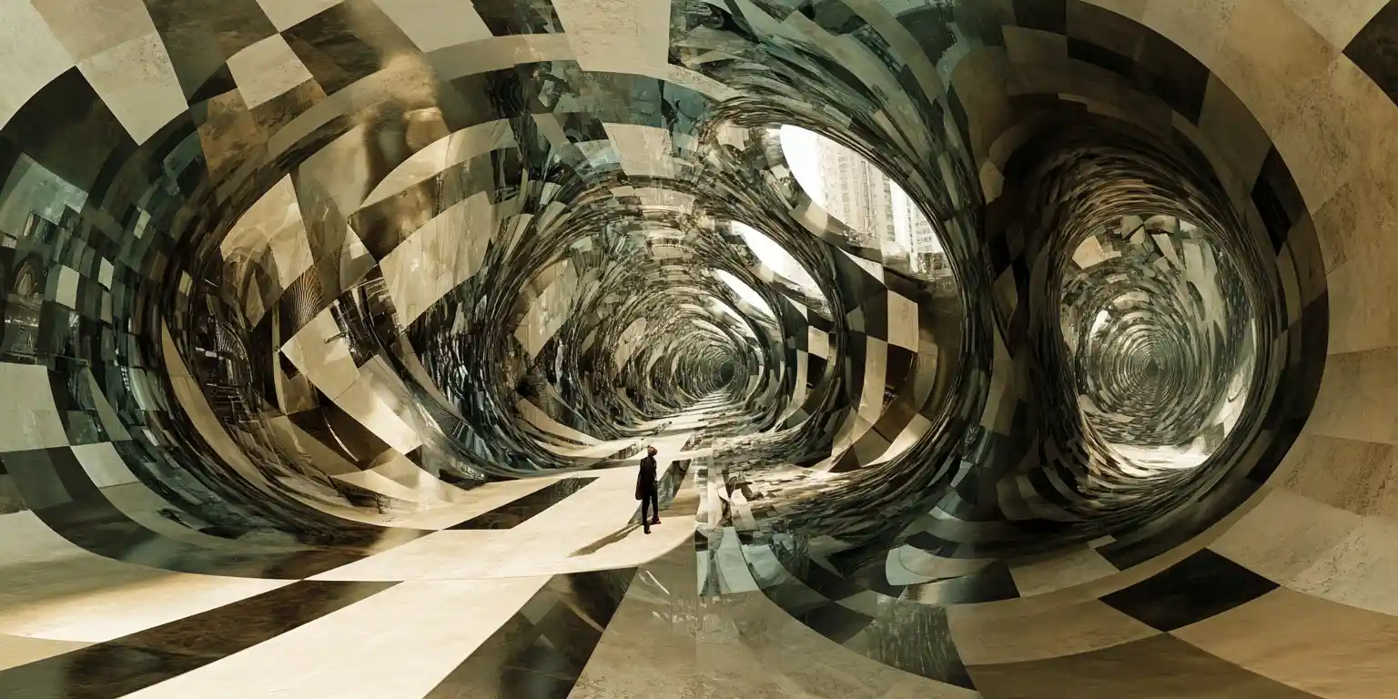 Facciata surreale che si apre su un infinito labirinto di specchi