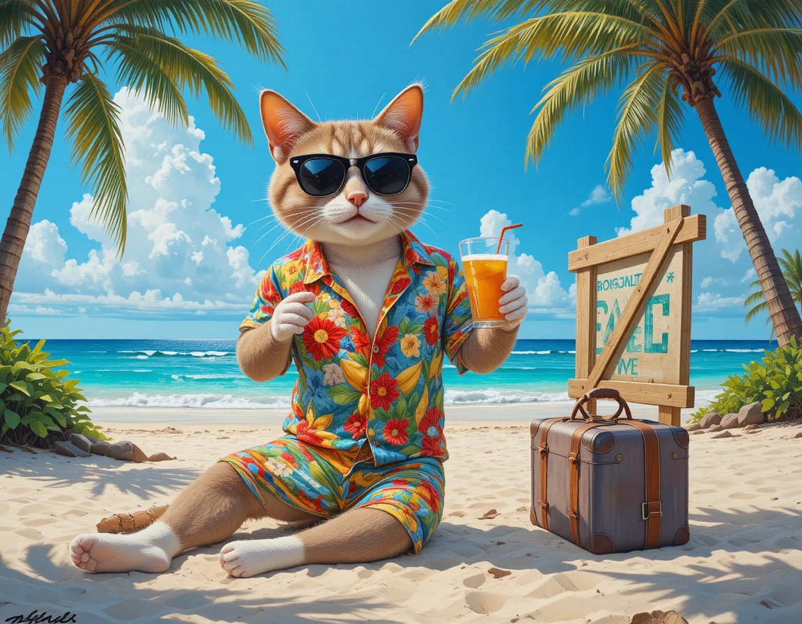 Chat de plage anthropomorphe avec lunettes de soleil en vacances tropicales