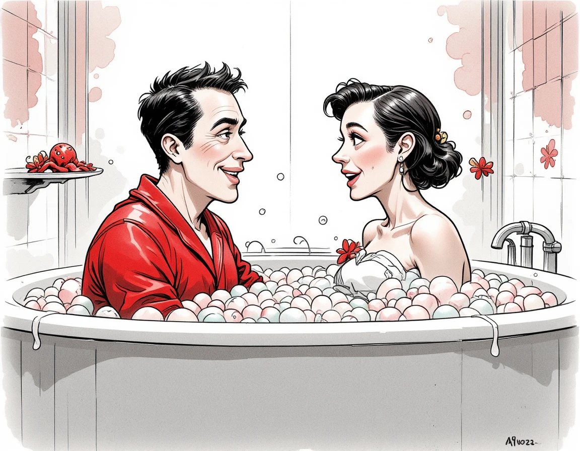 Playful comic scene of man in bubbly bathtub