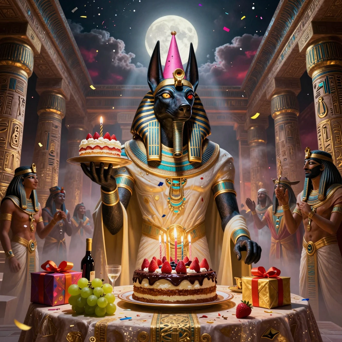 Celebração de Aniversário de Anúbis em um Templo Egípcio ao Luar