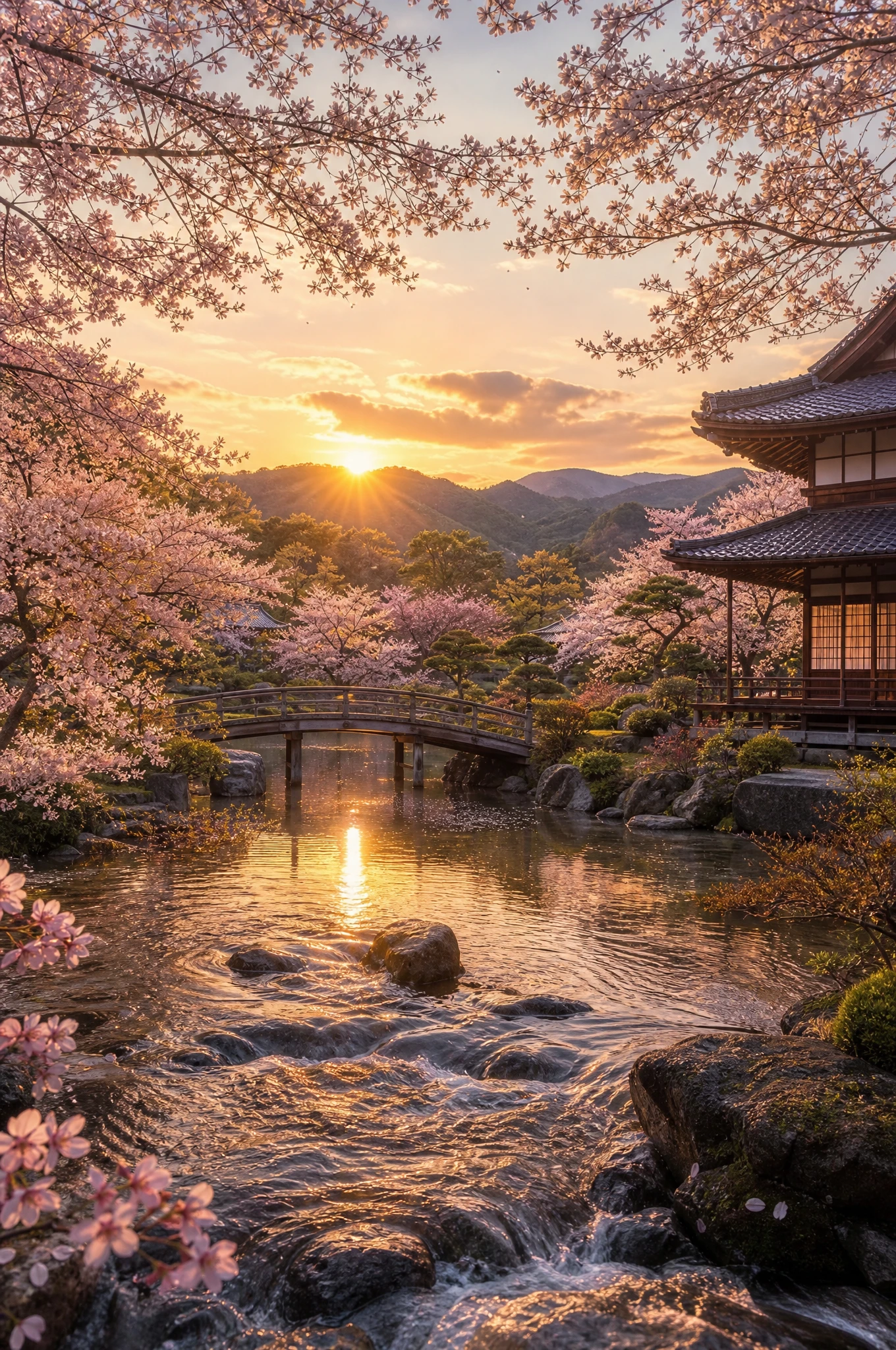 Tranquillo giardino giapponese con ciliegi in fiore al tramonto