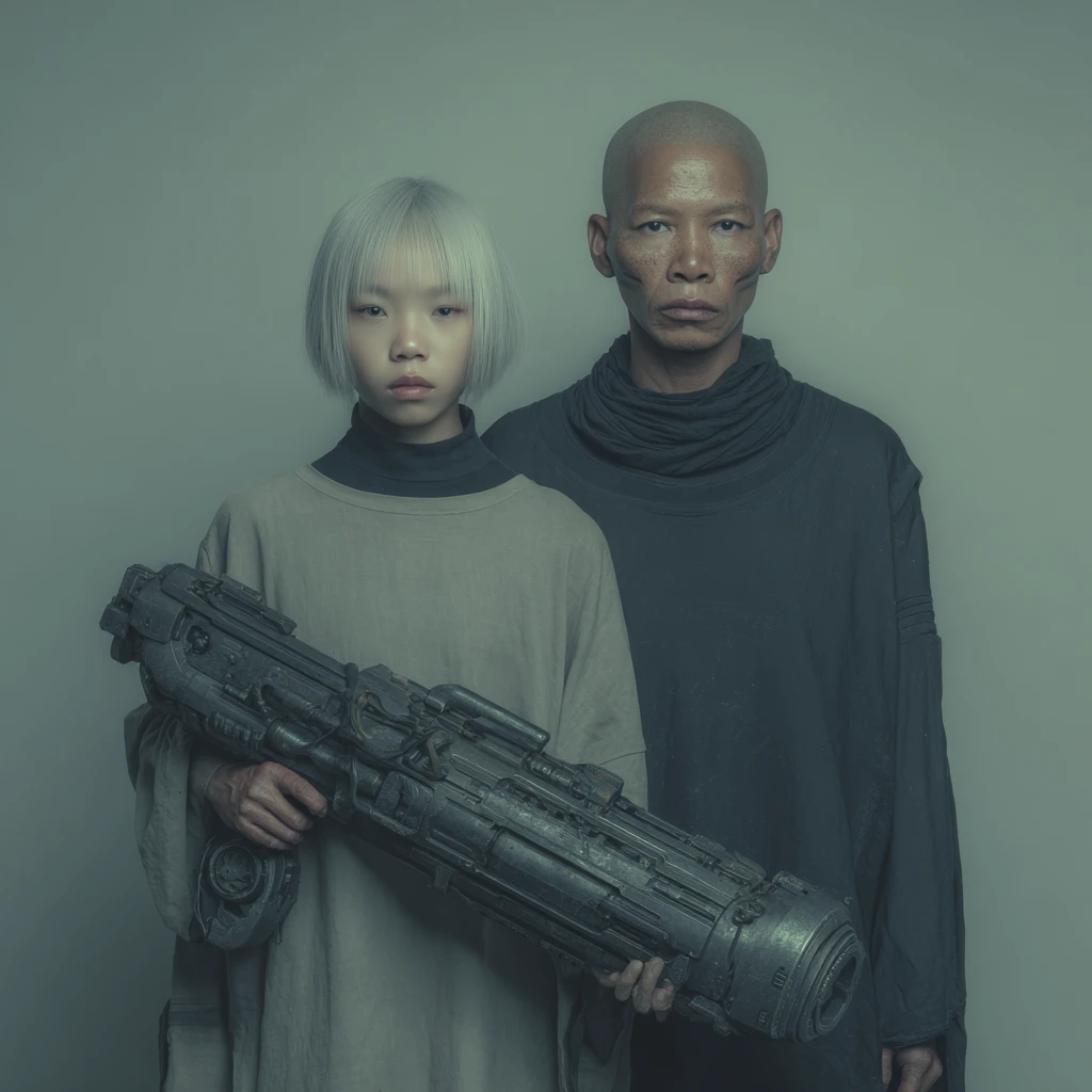 Mulher futurista segurando arma quântica brilhante em pose de estúdio