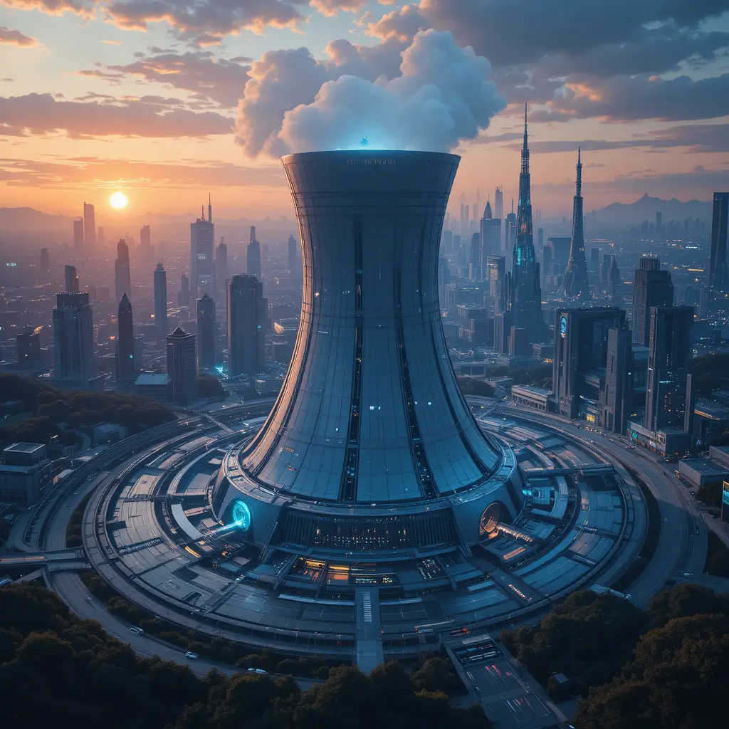 Usina nuclear futurista brilhando ao pôr do sol em cidade utópica