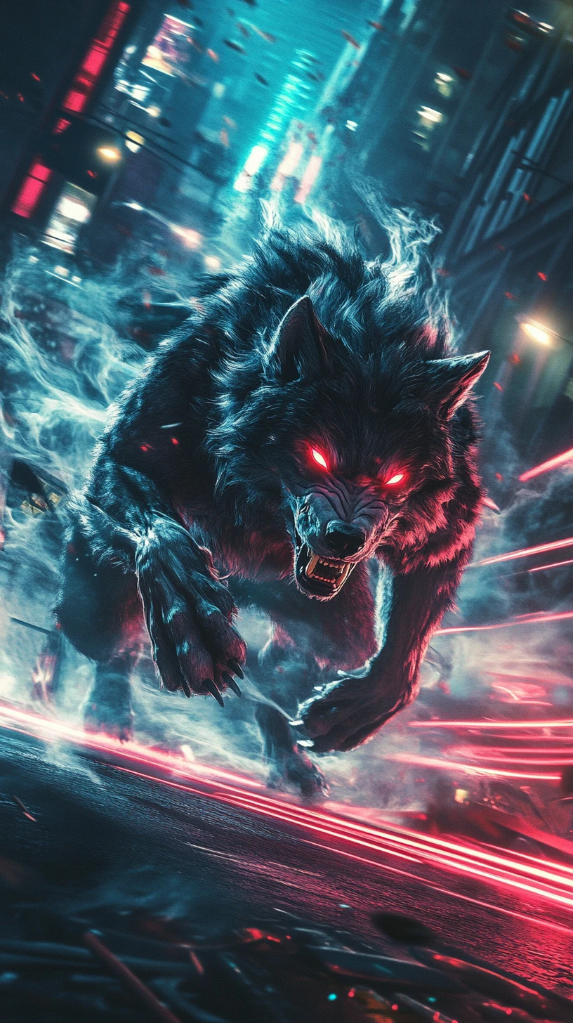 Criatura de lobo gigante avançando pela noite neon da cidade