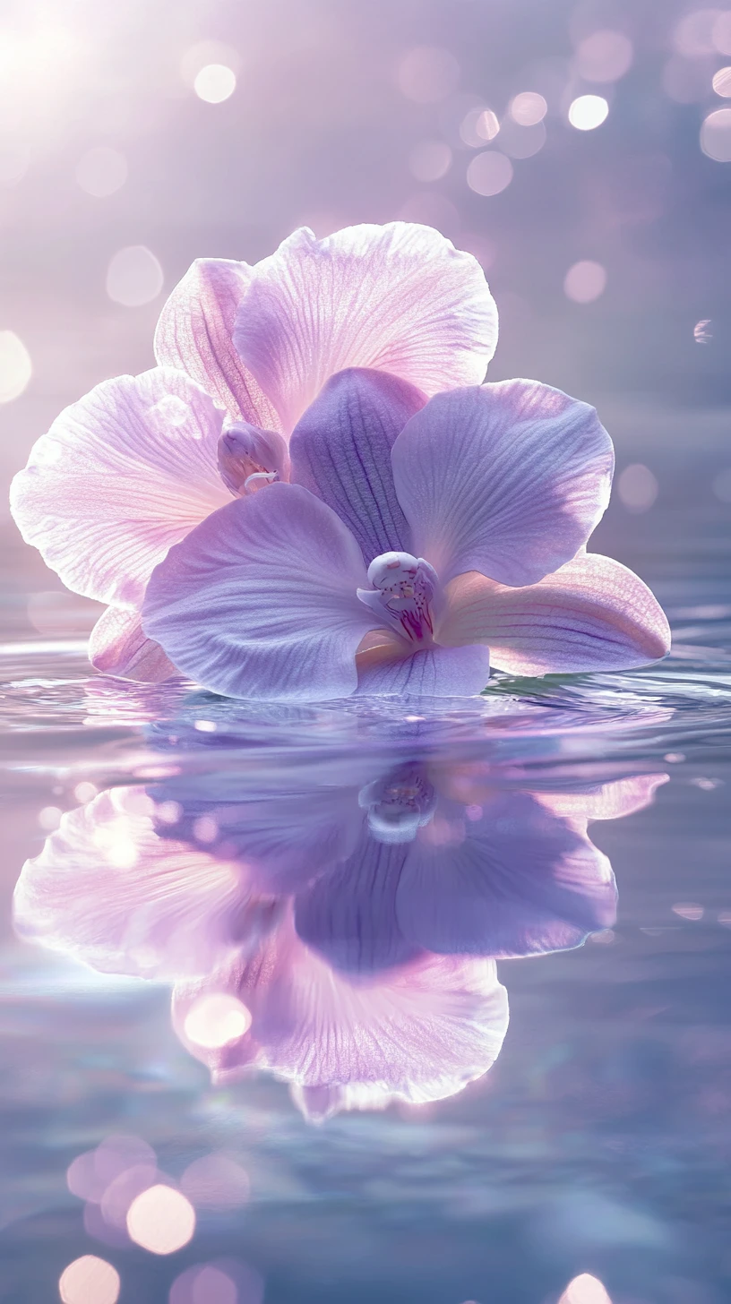 Orchidée lilas sur eau réfléchissante en peinture numérique onirique