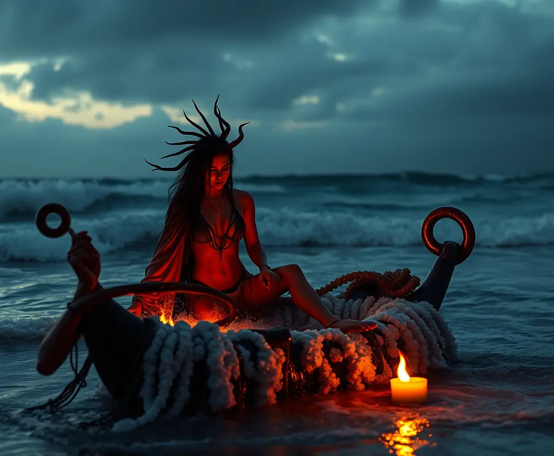 Todesritual des Sensenmanns am Meer mit sinkendem Schiff