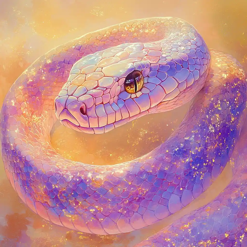Iridescent watercolor snake with shimmering pastel scales
