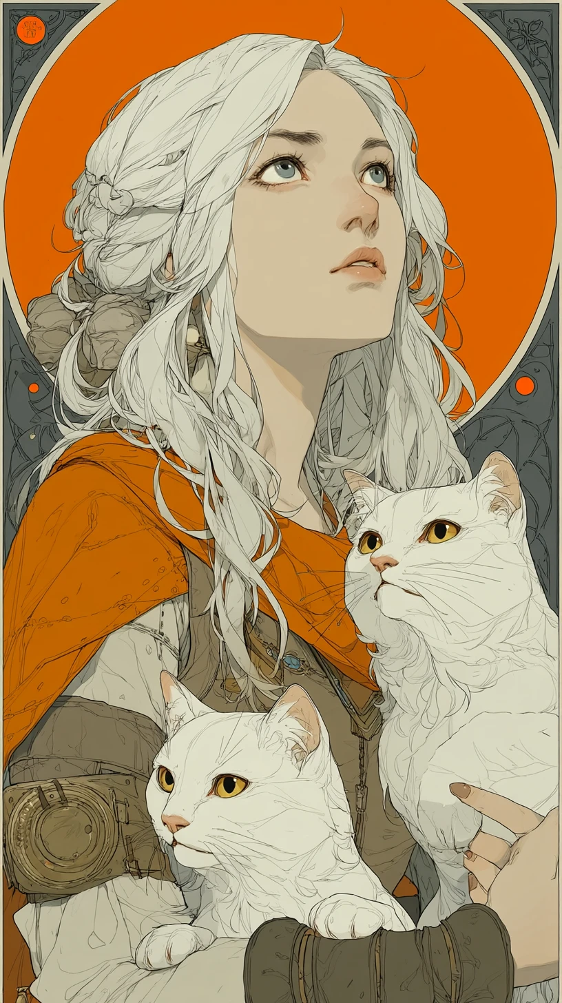 Garota de cabelo branco segurando dois gatos brancos em um brilho alaranjado