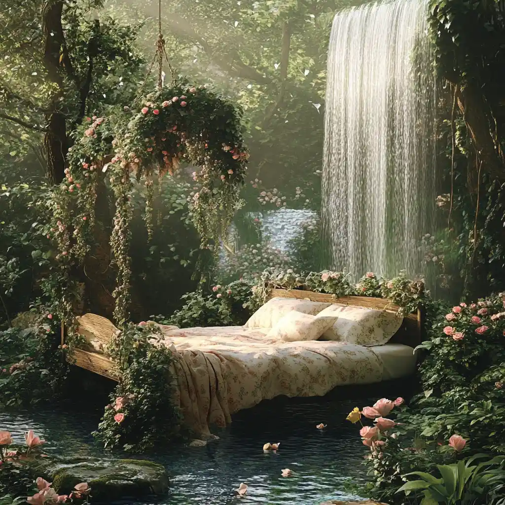 Dreamy forest bed retreat with flowers and waterfall